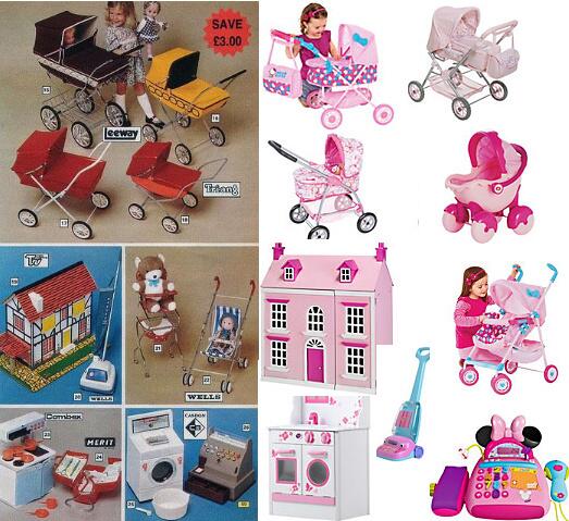 Für Mädchen gedachte Spielsachen, ca. 1970er Jahre und 2000er Jahre im Vergleich